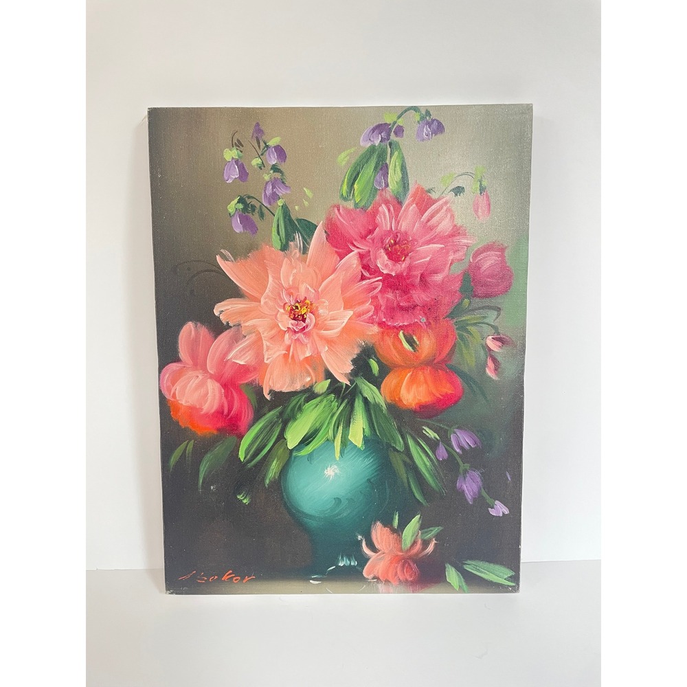Vintage  Oil Painting Floral Still Life Vase 12x16 Canvas Unframed Signed